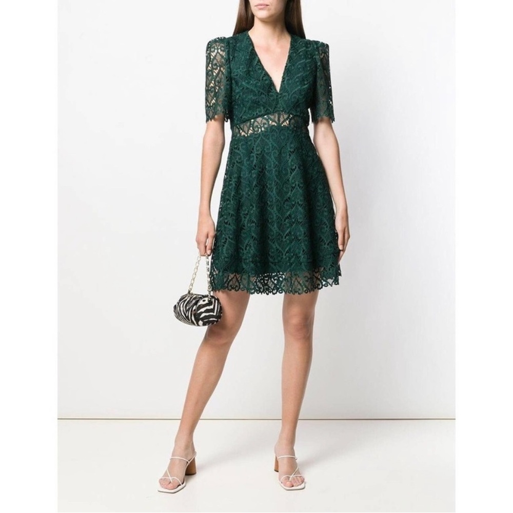 Sandro Emerald Green Lace Mini Dress V-Neck A-Line Cocktail Dry Cleaned
